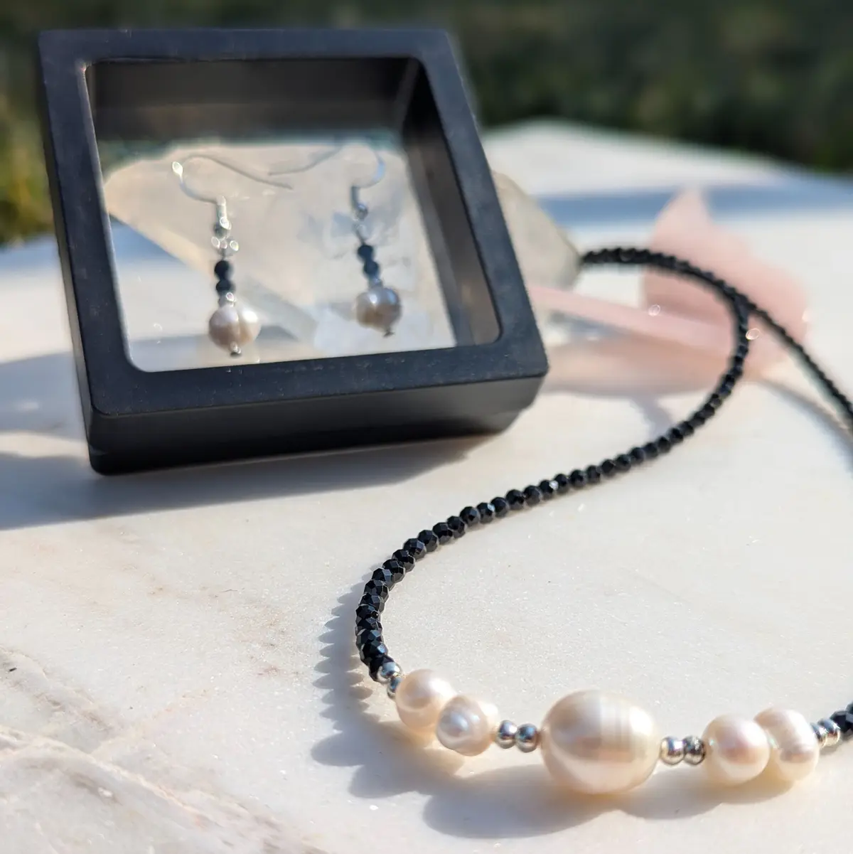 Fresh Water Pearls with Black Spinel and matching earrings 