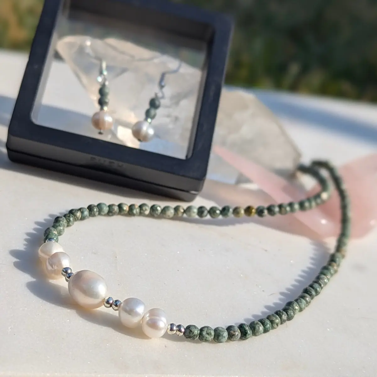 Fresh Water Pearls with Tourquoise Necklace and matching earrings