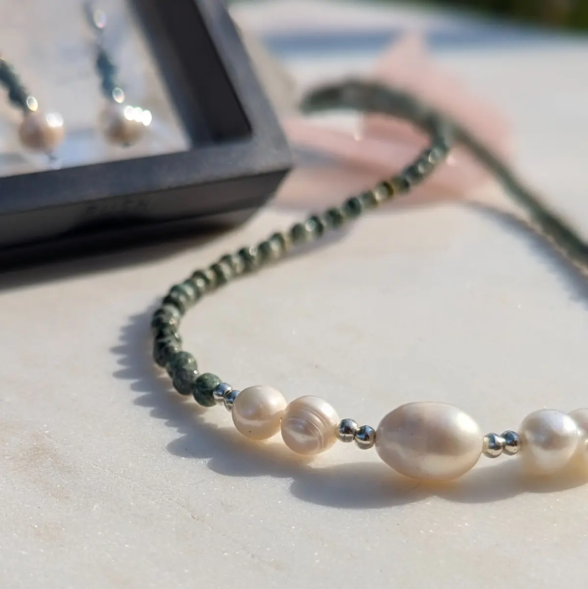 Fresh Water Pearls with Tourquoise Necklace close up