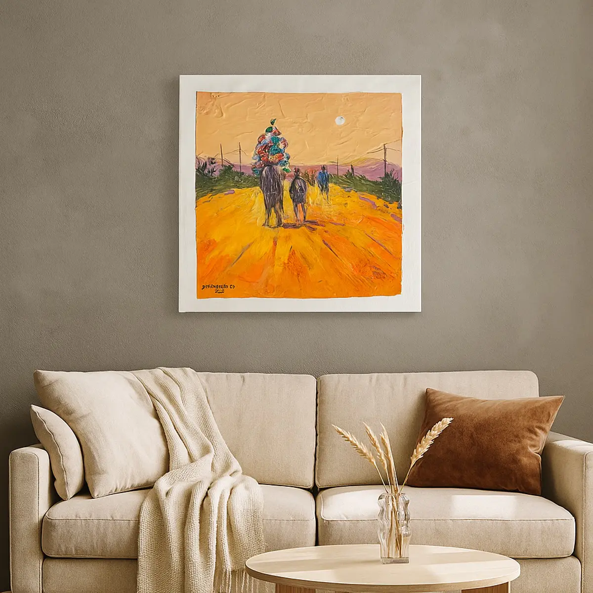 Showcasing an acrylic painting in livingroom