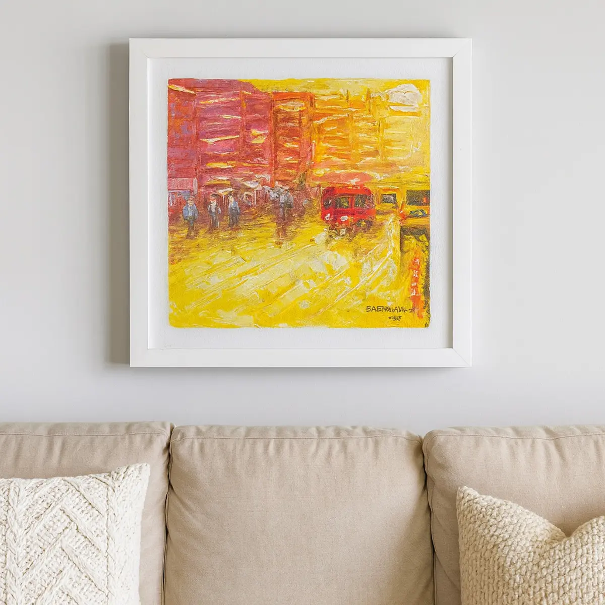 Showcasing a framed acrylic painting 