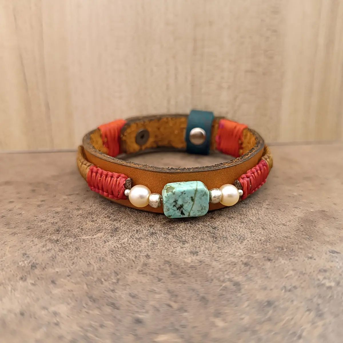 Ancestral Earth Leather Bracelet with African Turquoise main