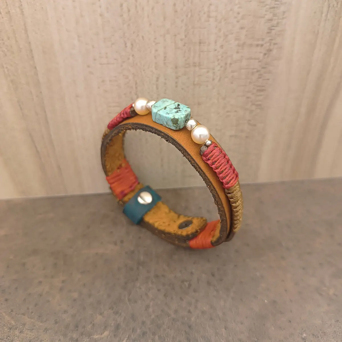 Ancestral Earth Leather Bracelet with African Turquoise side view
