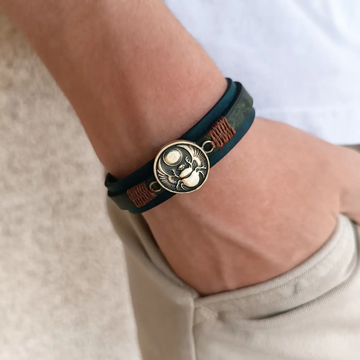 Scarab Leather Bracelet worn on wrist