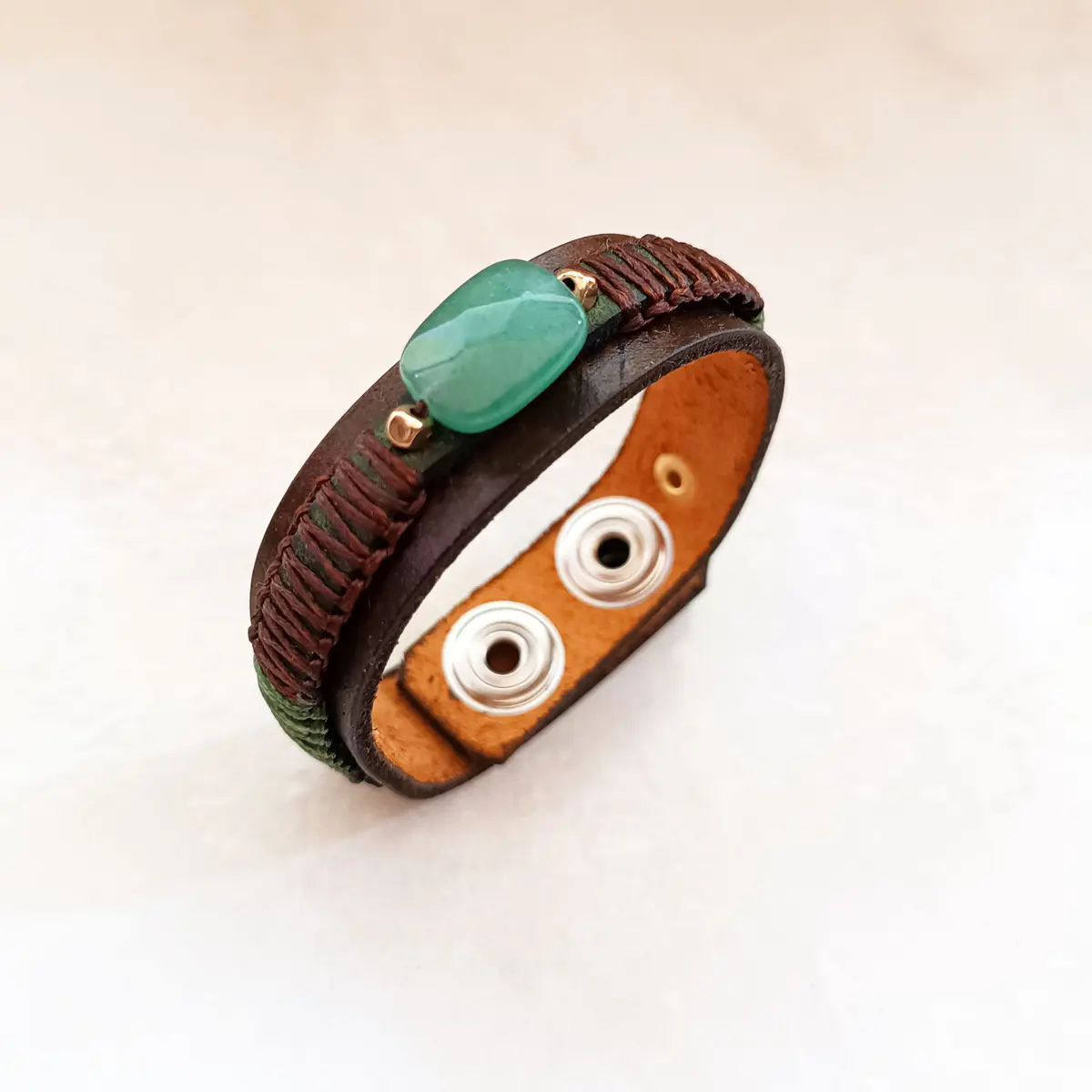 Green Aventurine Leather Bracelet for Men close up