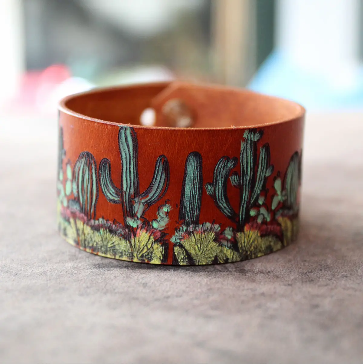 Hand Painted Cactus Leather Cuff Bracelet close up