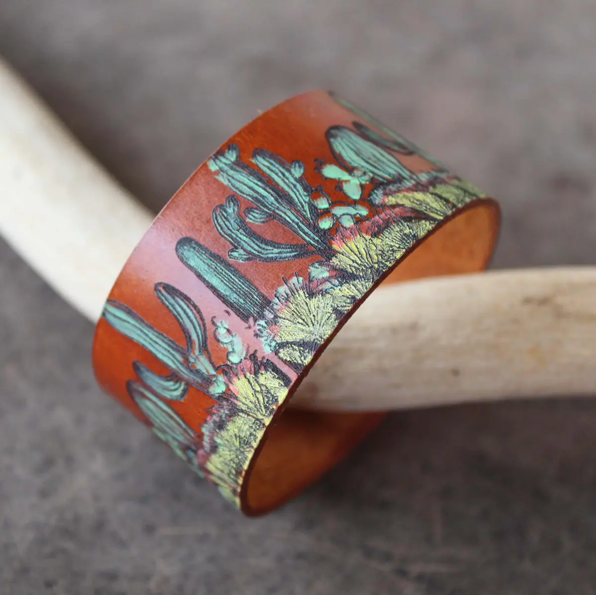 Hand Painted Cactus Leather Cuff Bracelet close up