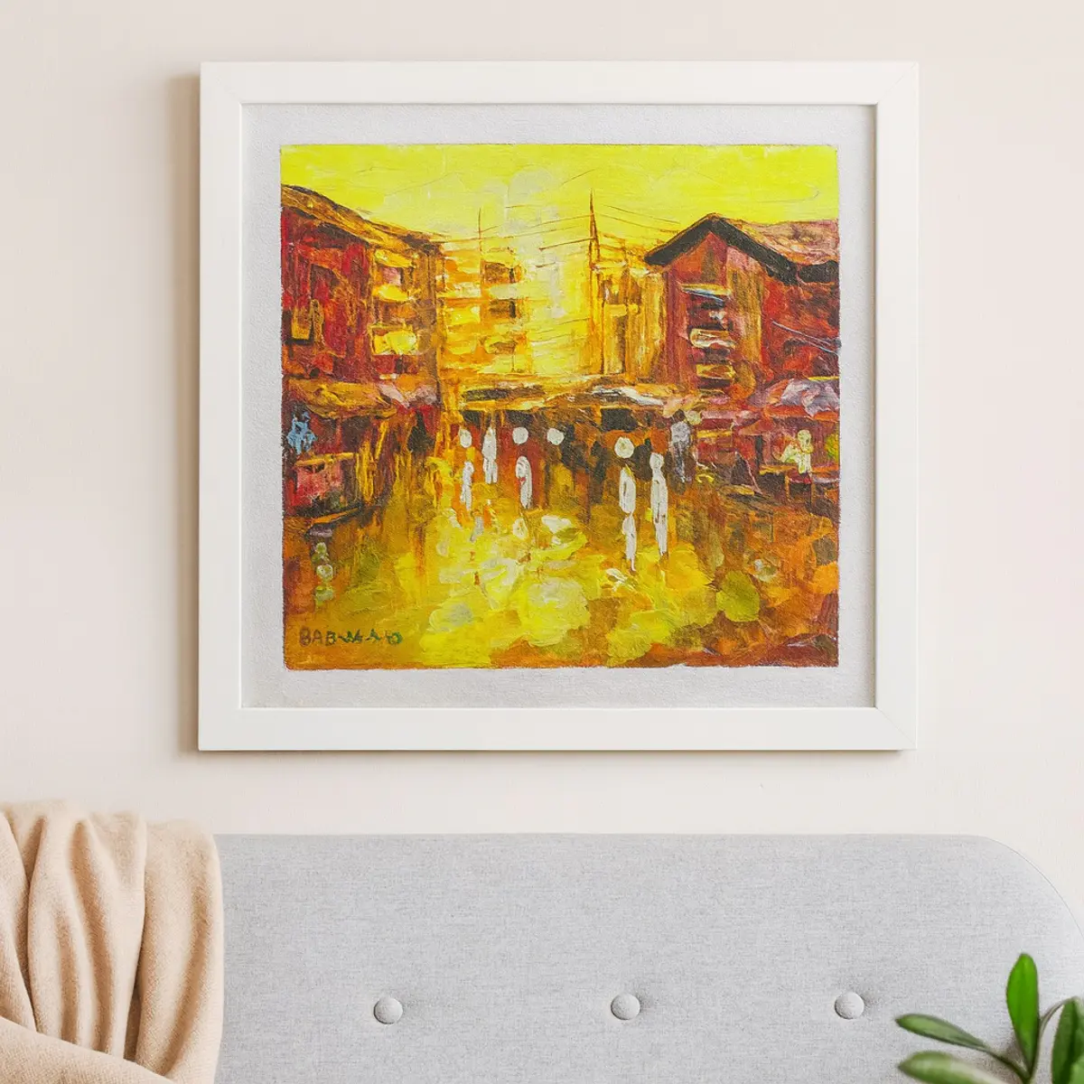 Showcasing a framed acrylic canvas painting