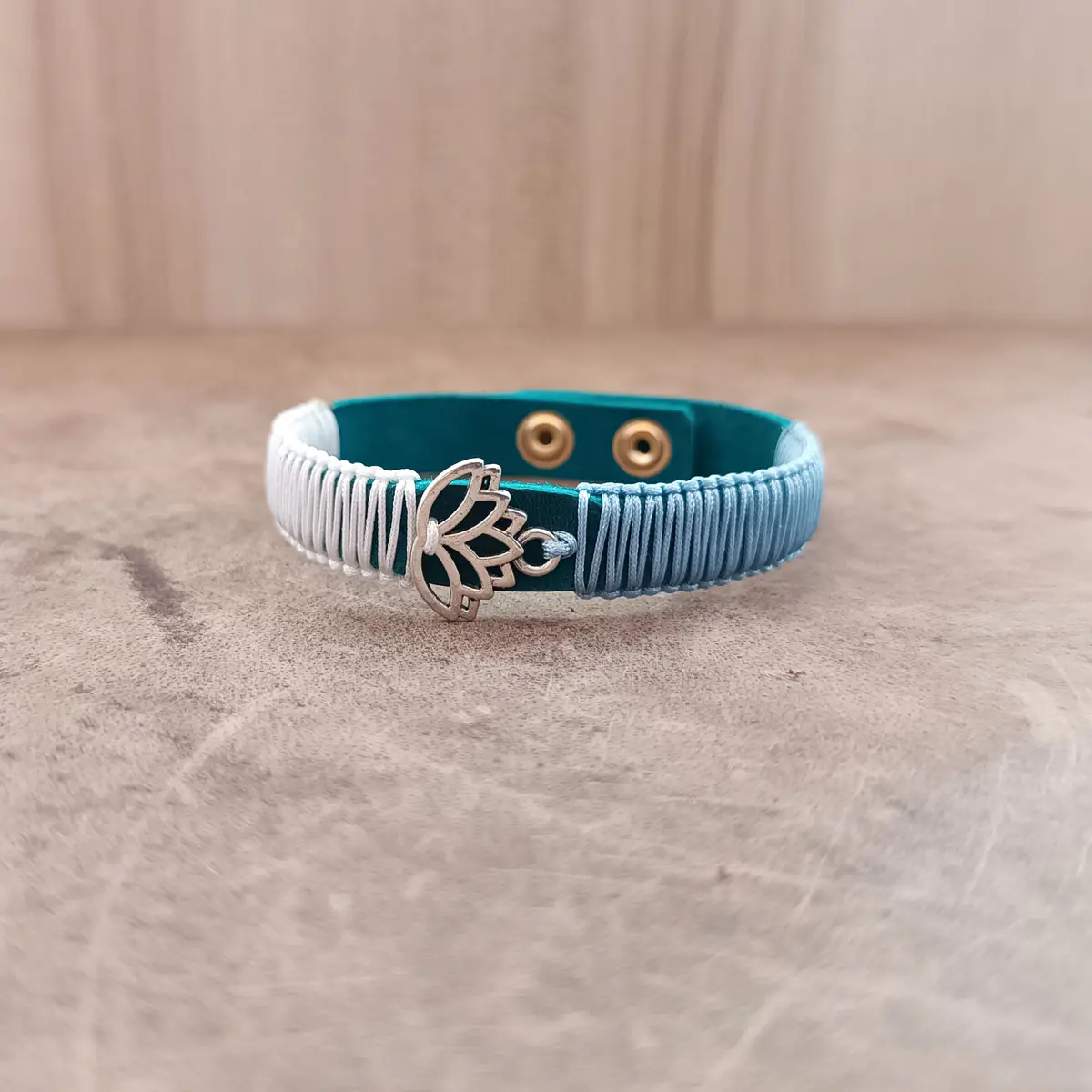 Silver Lotus Macrame Leather Bracelet Flat