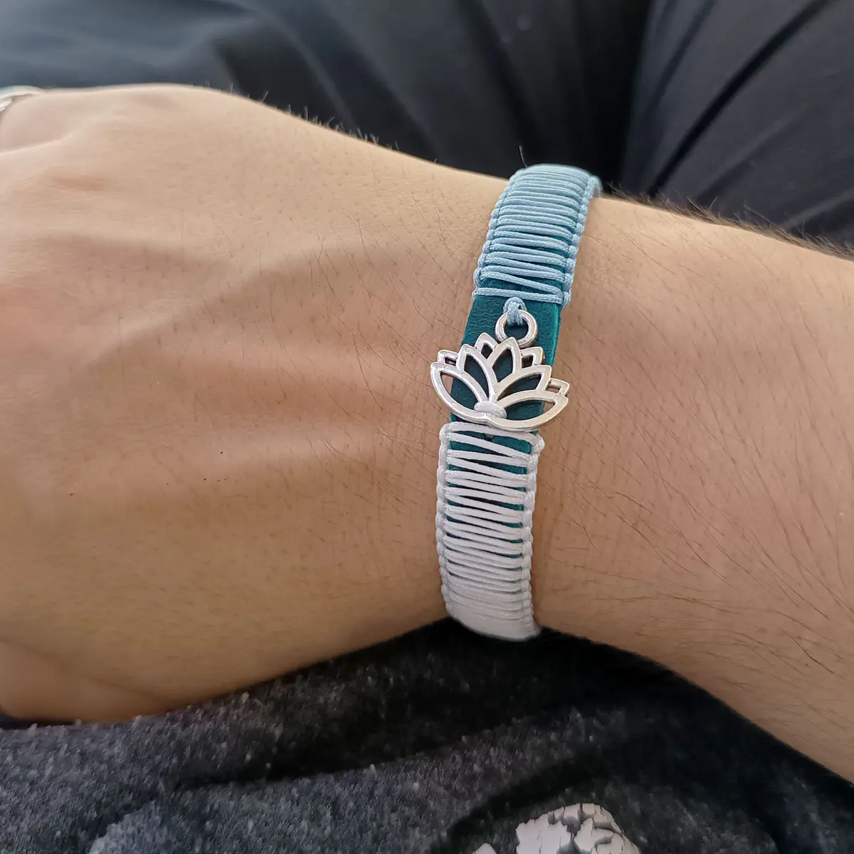 Silver Lotus Macrame Leather Bracelet Worn