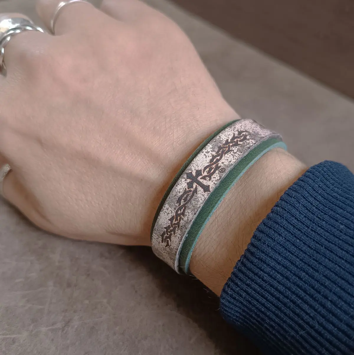 Tribal Flame Cross Bracelet Worn