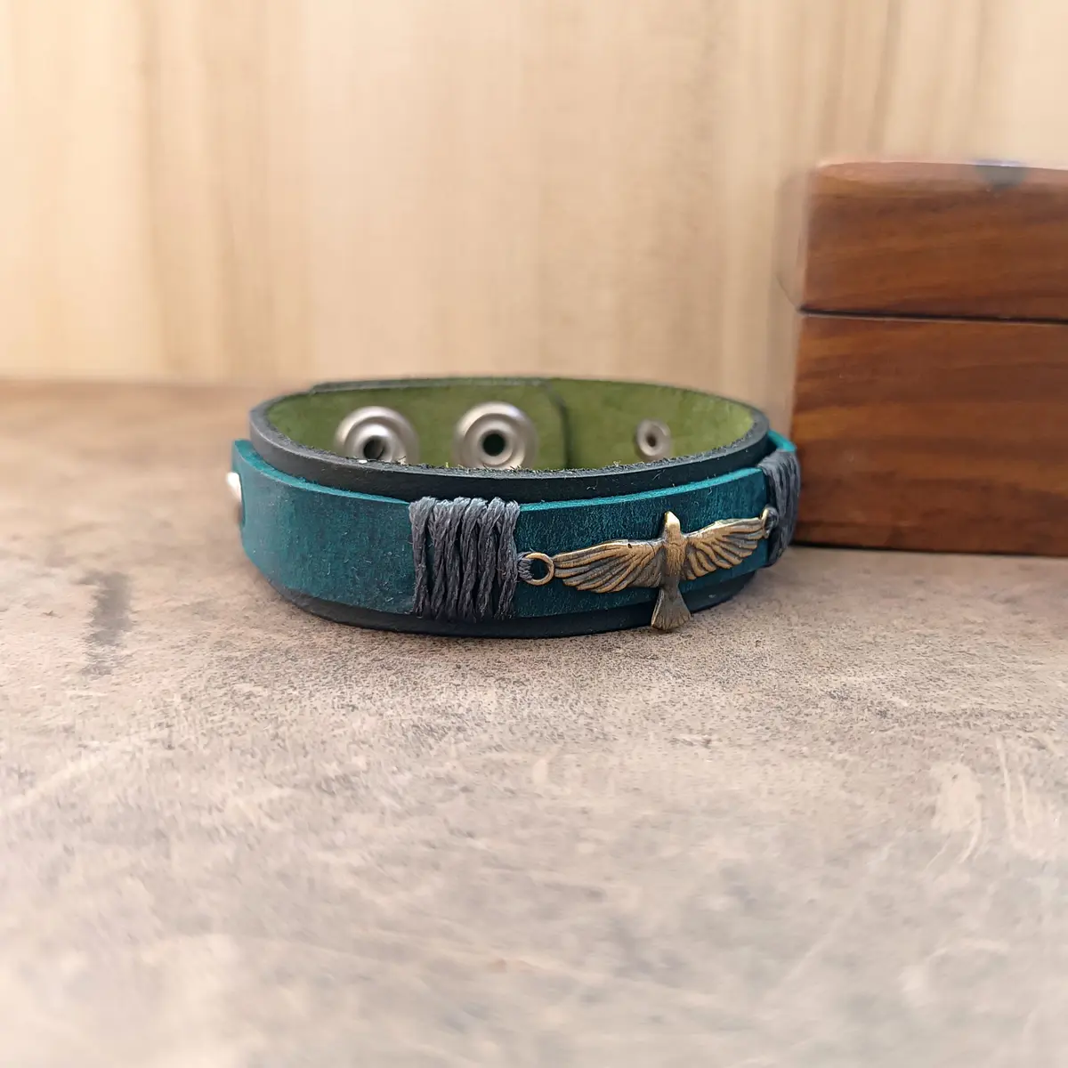 Black Leather Dove Bracelet Close up