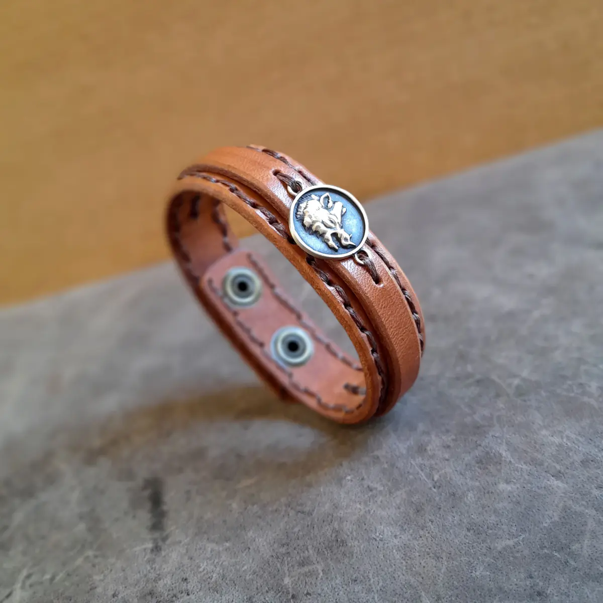 Boar Brown Leather Cuff Main