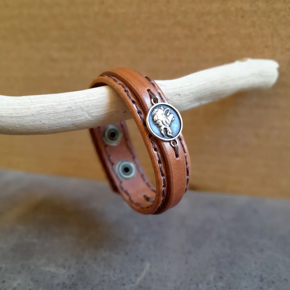 Boar Brown Leather Cuff Side View