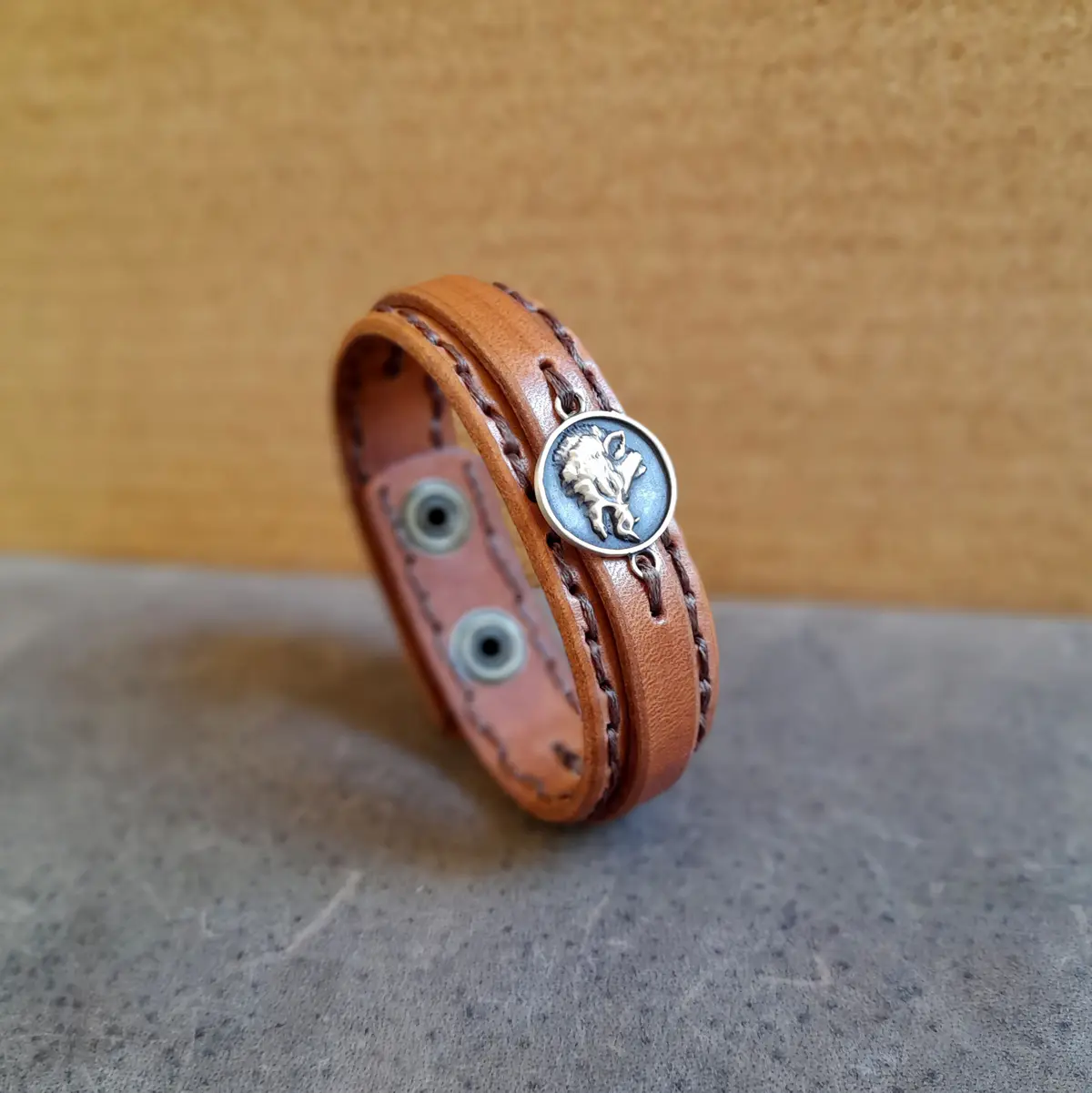 Boar Brown Leather Cuff Close Up