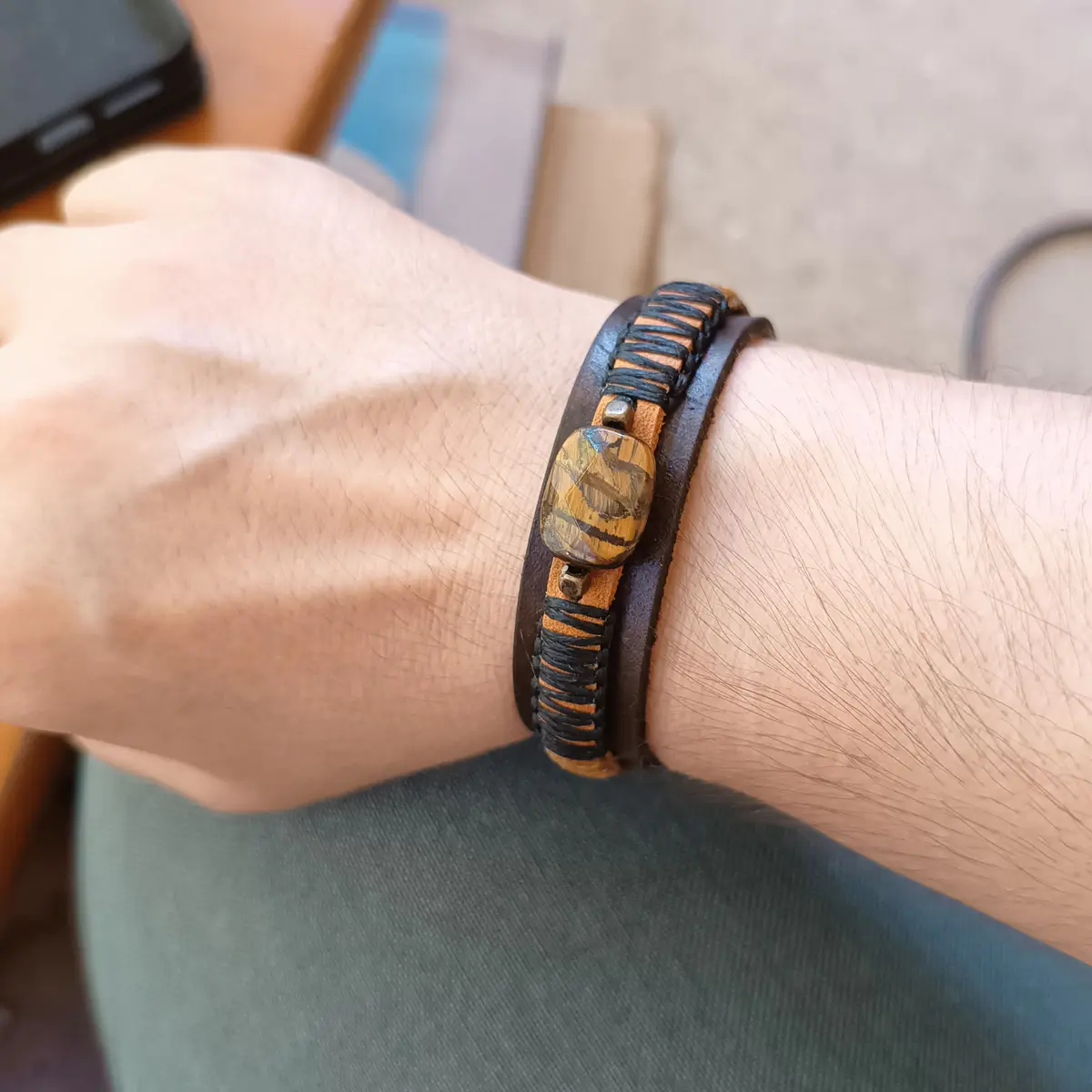 Tiger's Eye Macrame Leather Bracelet worn