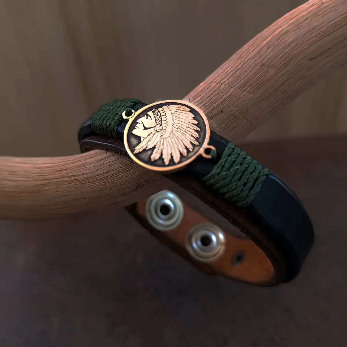 Indian Chief Leather Bracelet, Men's Western Rustic Jewelry close up