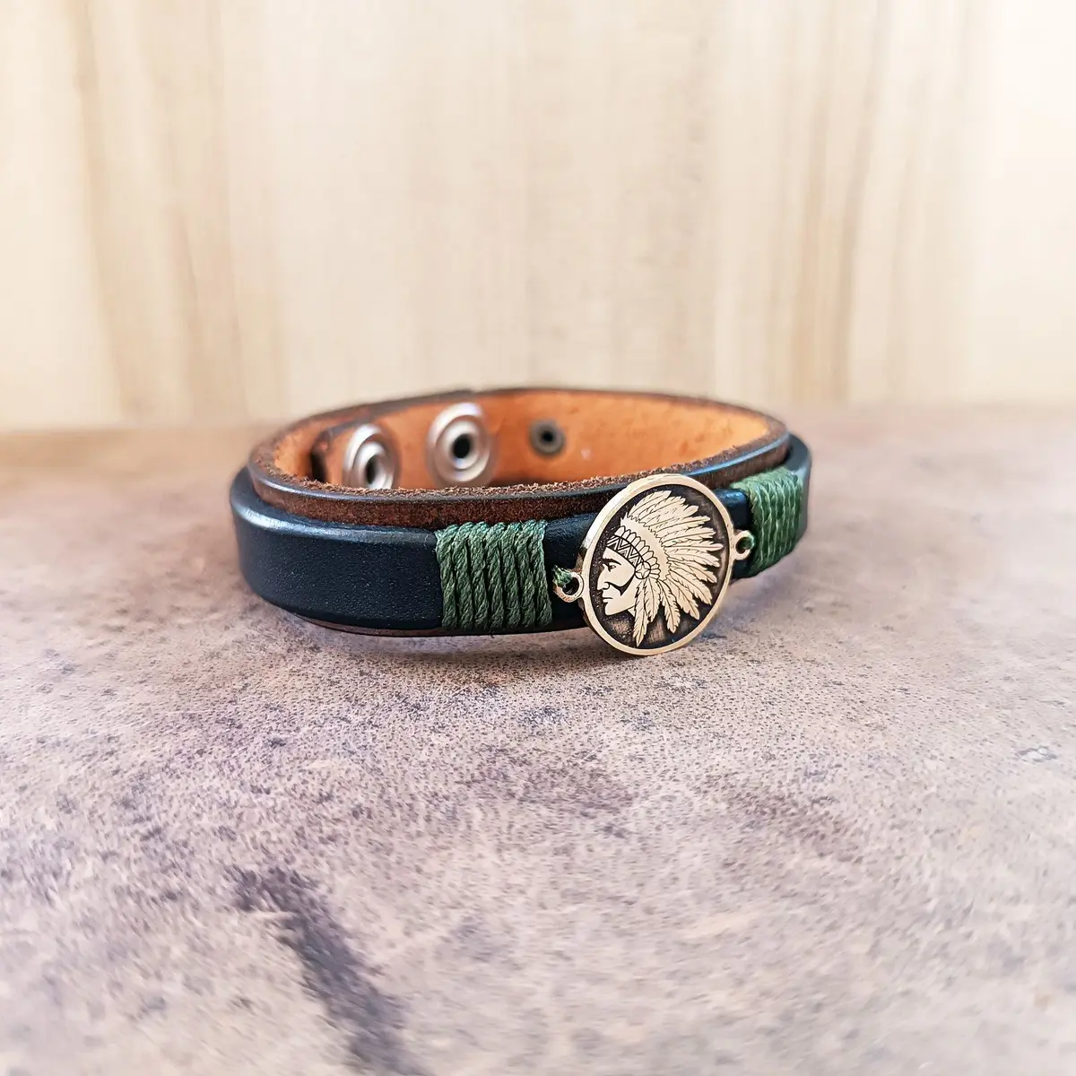 Indian Chief Leather Bracelet, Men's Western Rustic Jewelry front view