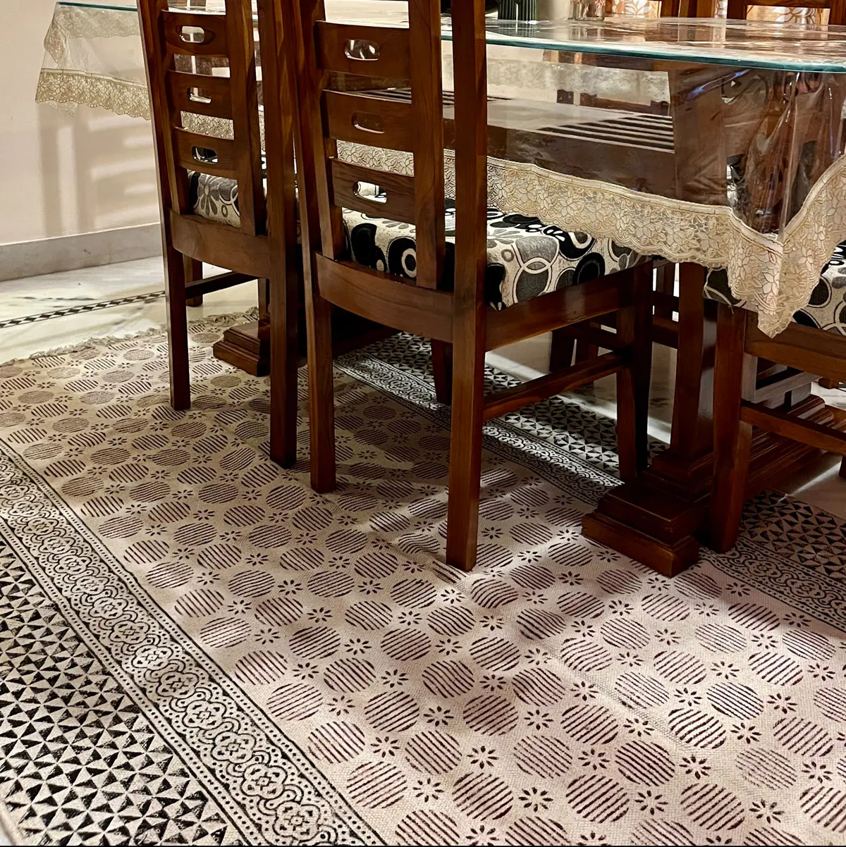 Block printed handmade Indian cotton rug for all block printing lovers. The area rugs are printed using eco-friendly dyes in traditional designs from India. Our handmade block print cotton rugs are skin friendly and manufactured using long lasting cotton fabric. With a neutral color and fashion forward patterns, these are pieces you can build a room around. This boho inspired cotton rug has a smooth finish, created by stamping wooden blocks onto the surface. Available from us at a remarkably affordable price, you can use it to decorate your Living Room, Bedroom, Office, Kitchen, Kids Area, Hallway, Entryway, Bathroom, and many more spaces.