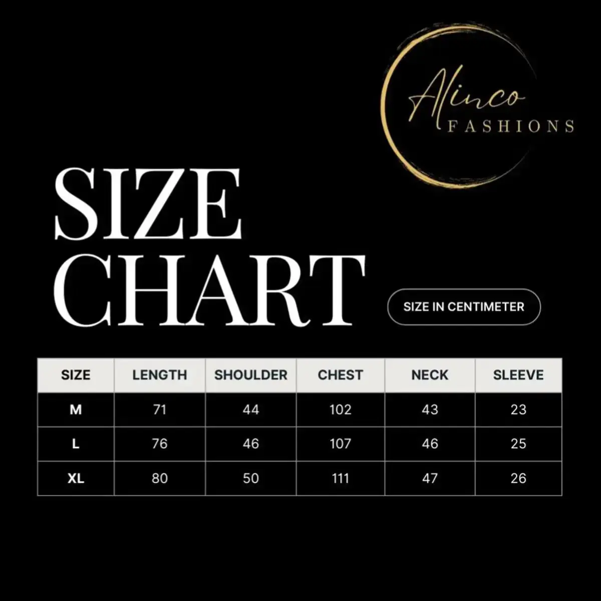 Size chart for Alinco Fashion