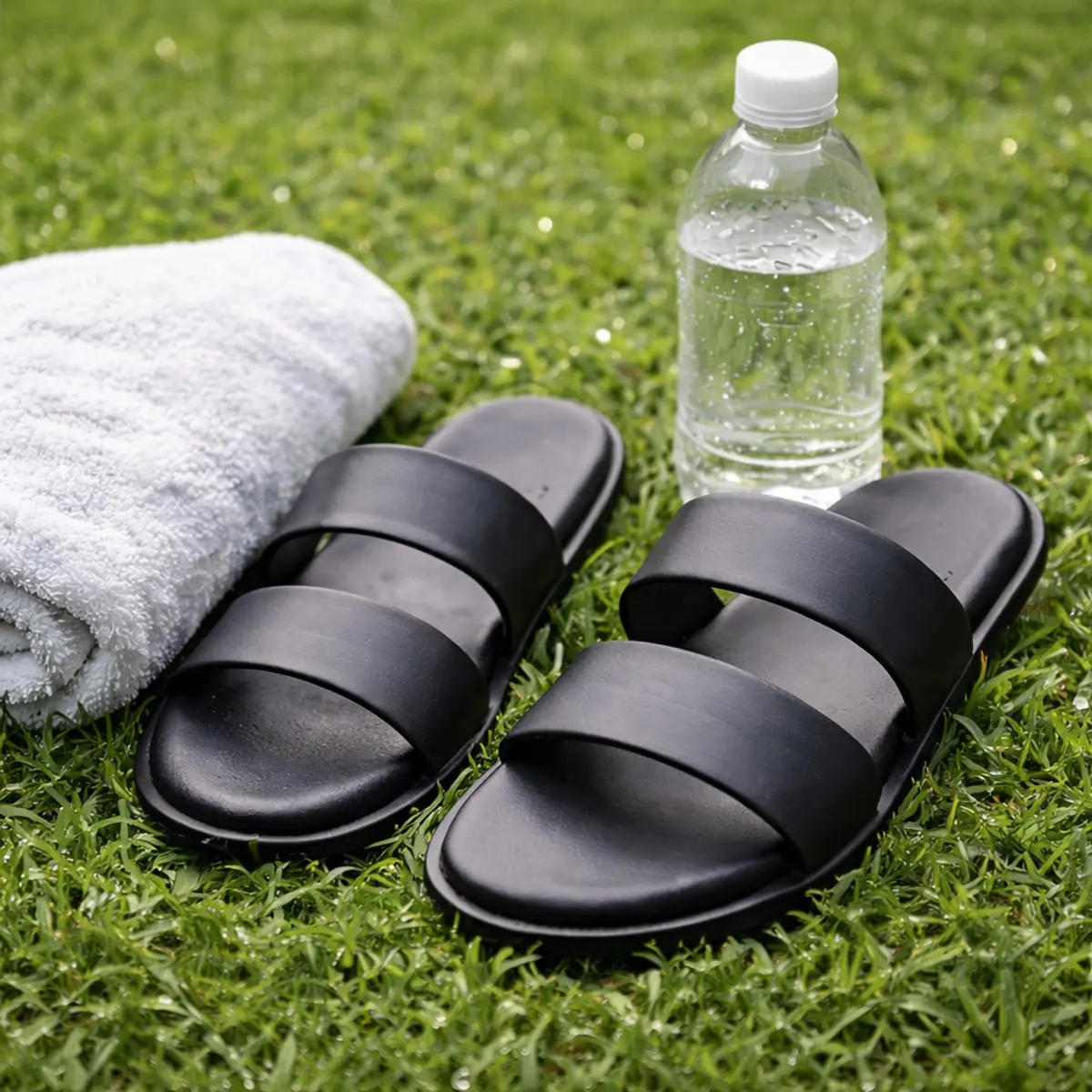 Unisex black double-strap slide sandals with open toe and minimalist design.