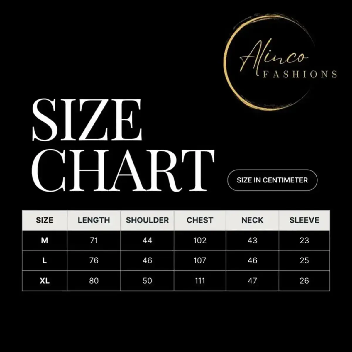 Men’s top size chart in centimeters showing M, L, and XL measurements for length, shoulder, chest, neck, and sleeve.