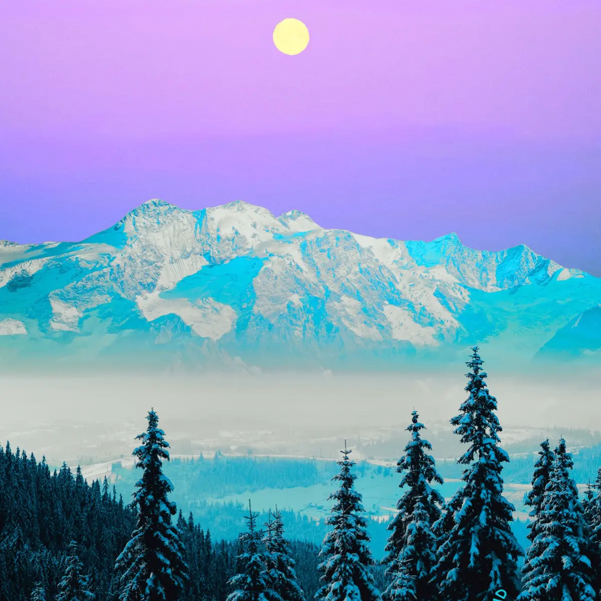 Surreal digital landscape art of turquoise snow-capped mountains, misty valley, and pine forest under a purple sky with a glowing sun