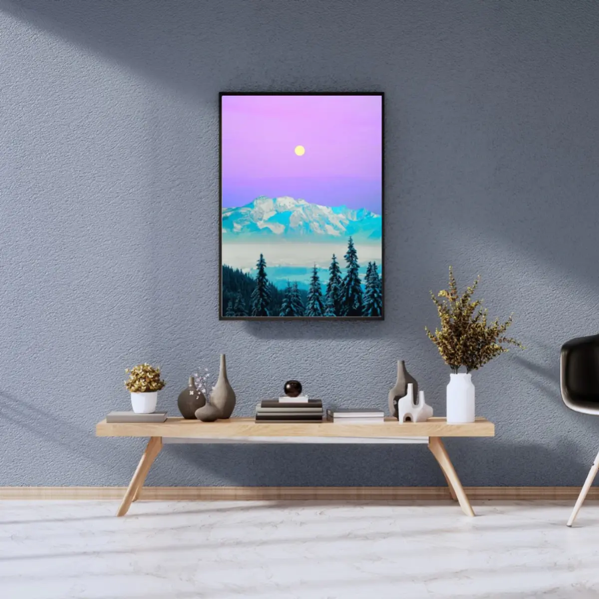 Surreal digital landscape art of turquoise snow-capped mountains, misty valley, and pine forest under a purple sky with a glowing sun