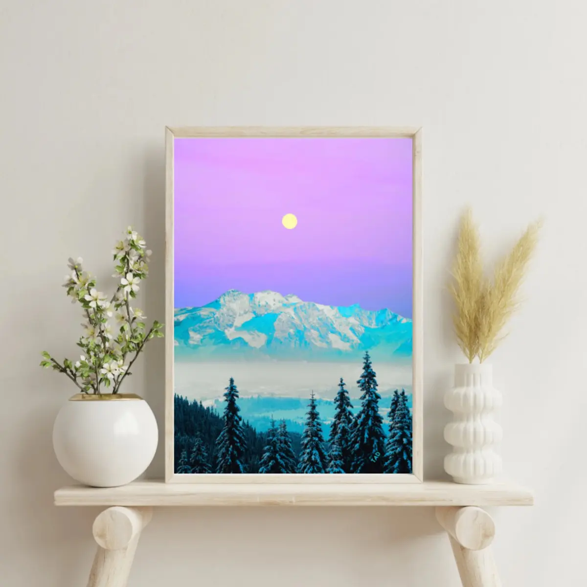 Surreal digital landscape art of turquoise snow-capped mountains, misty valley, and pine forest under a purple sky with a glowing sun