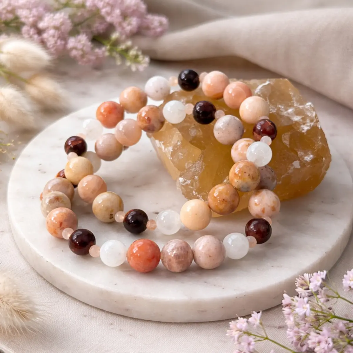 Handmade natural gemstone bracelet pair with peach, white, and brown beads.