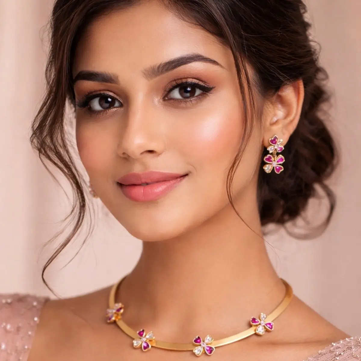 Handmade artisan gold floral choker necklace with pink and white gemstones worn by an Indian woman, paired with matching earrings and styled for elegant traditional fashion.