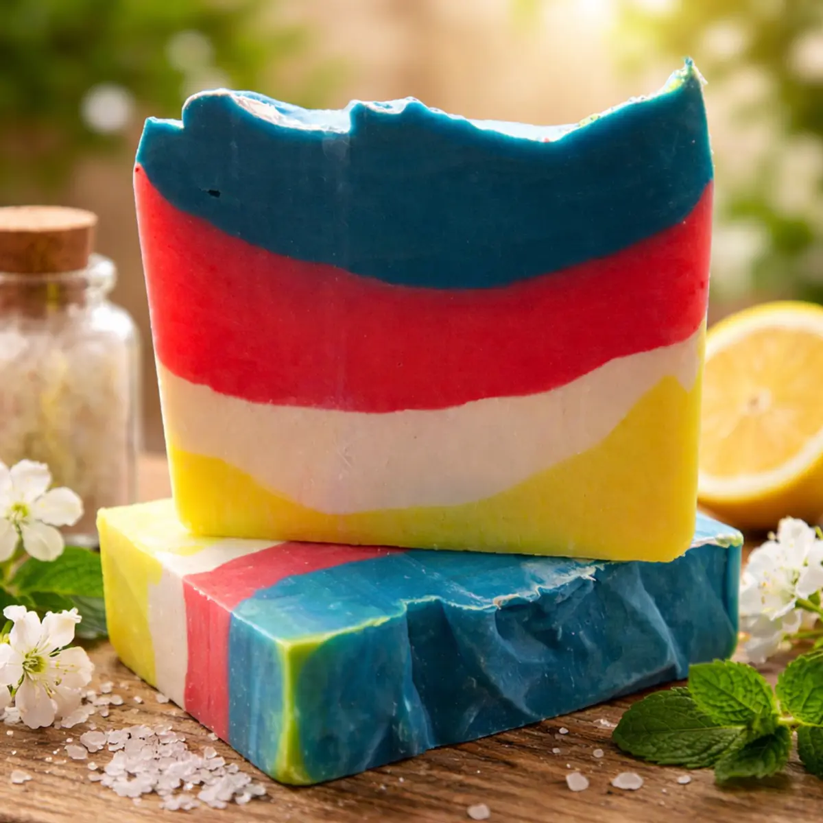 Handmade colorful soap bar with layered design on rustic wooden surface with natural ingredients