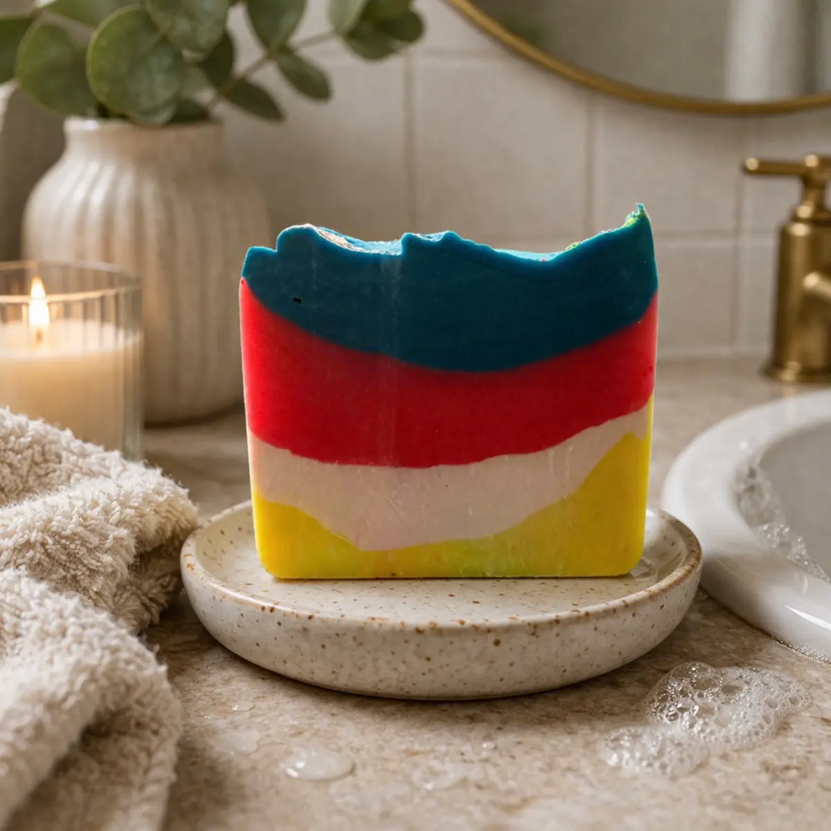 Artisan handmade soap bar in spa bathroom setting with candle and soft natural lighting