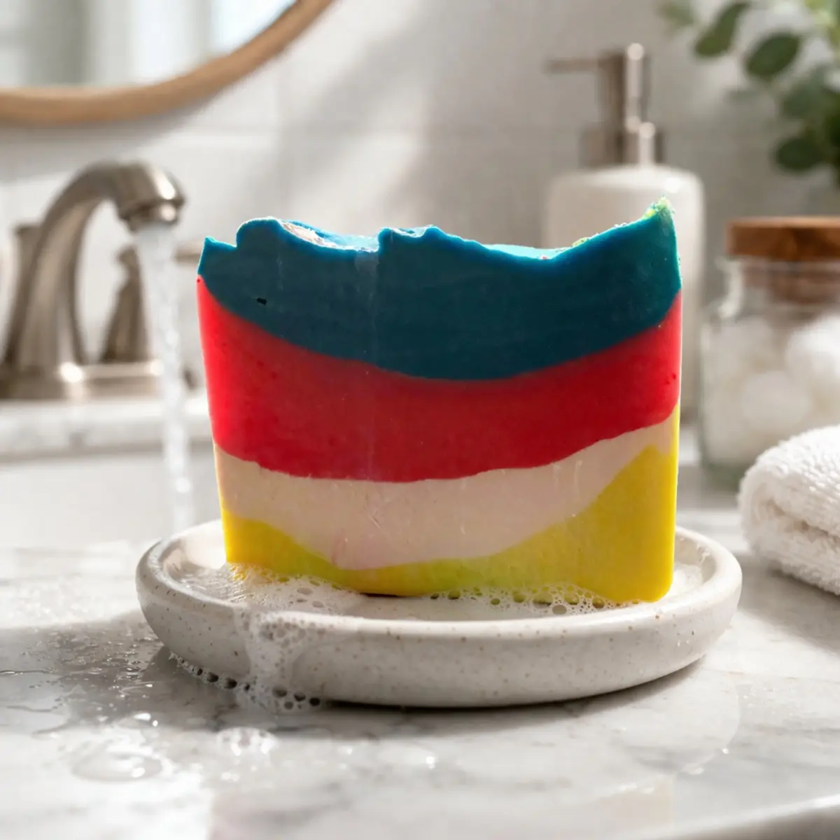 Handmade layered soap on ceramic dish in modern bathroom with fresh clean aesthetic