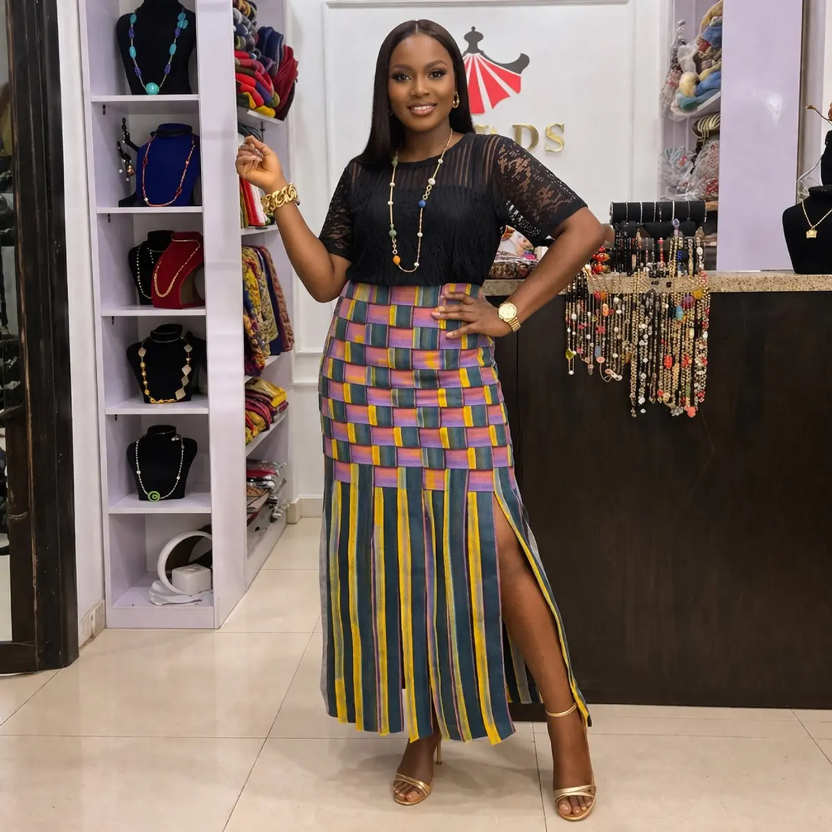 Model wearing a high-waisted Ankara midi skirt with multicolor geometric patchwork design, front slit, and striped hem, styled with a black lace top and heels in a boutique setting