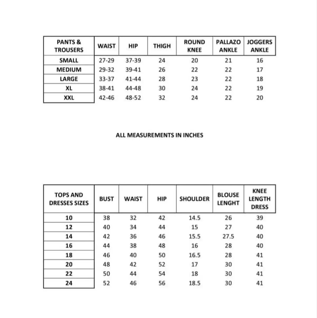 Size Chart for Women