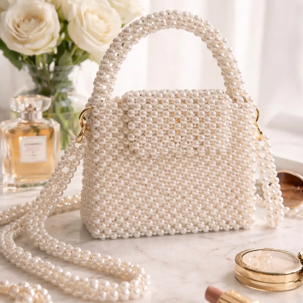 Ivory pearl beaded handbag with structured design, top handle, and crossbody strap displayed on marble surface