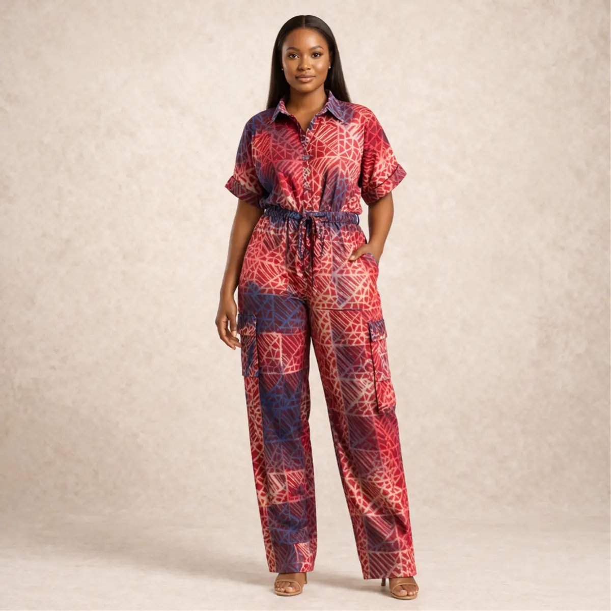Full-length front view of a woman wearing a handcrafted African adire batik cargo jumpsuit in a bold crimson red and deep navy blue geometric print. The wide-leg trousers feature functional side cargo pockets and the waist is cinched with a matching drawstring tie, showcasing the artisan-made silhouette from head to toe. Color: Crimson Red and Navy Blue