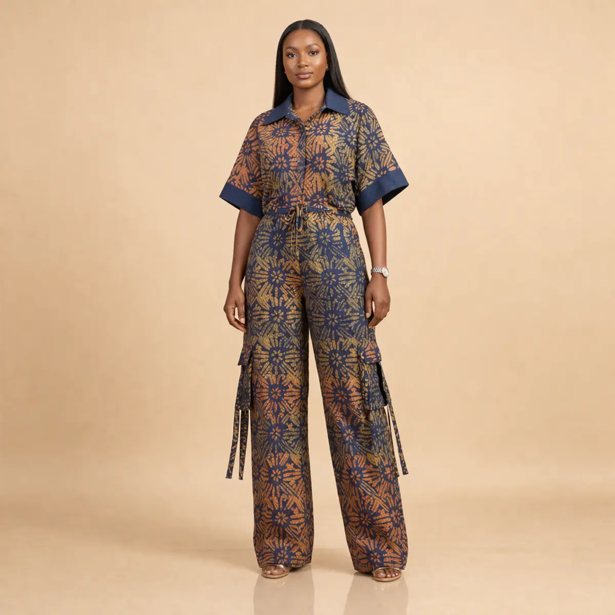 Full-length front view of a woman wearing a handcrafted Adire batik two-piece co-ord set featuring a boxy open-collar shirt with denim-trim cuffs and wide-leg cargo pants with decorative tie straps. The fabric displays a rich navy blue and burnt gold starburst resist-dye pattern with deep terracotta undertones, styled with strappy heeled sandals against a warm beige background. Color: Navy Blue, Burnt Gold, Terracotta