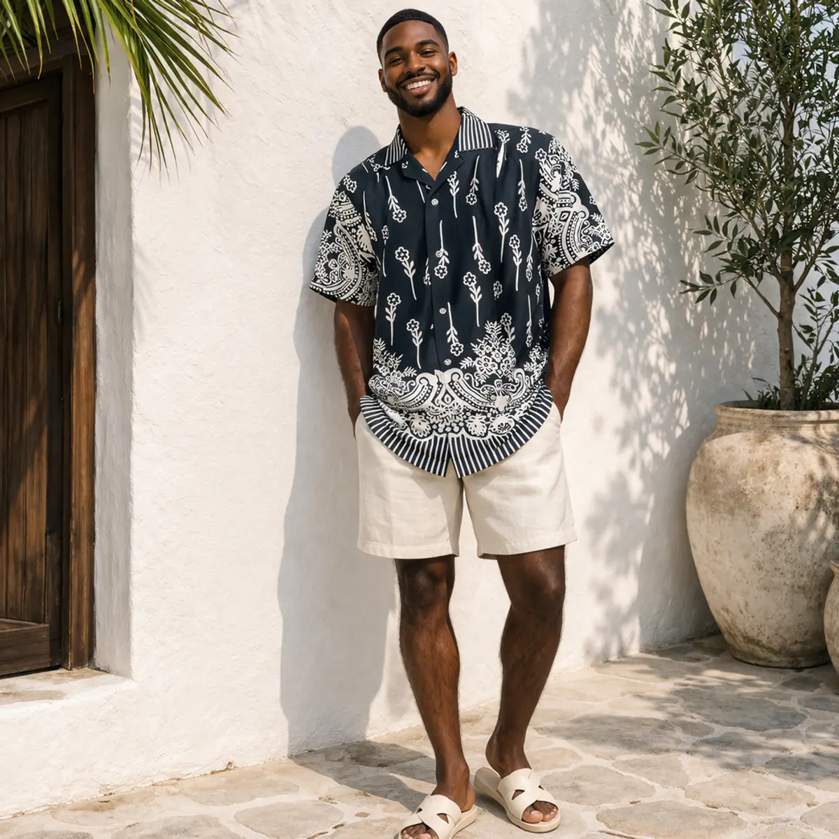 Full-length lifestyle shot of a man wearing the artisan-made navy blue and white paisley floral print shirt paired with cream shorts and white sandals, posed against a whitewashed Mediterranean-style wall with palm and olive trees in the background. The hem border displays an intricate handcrafted medallion and stripe design. Color: Navy Blue and White