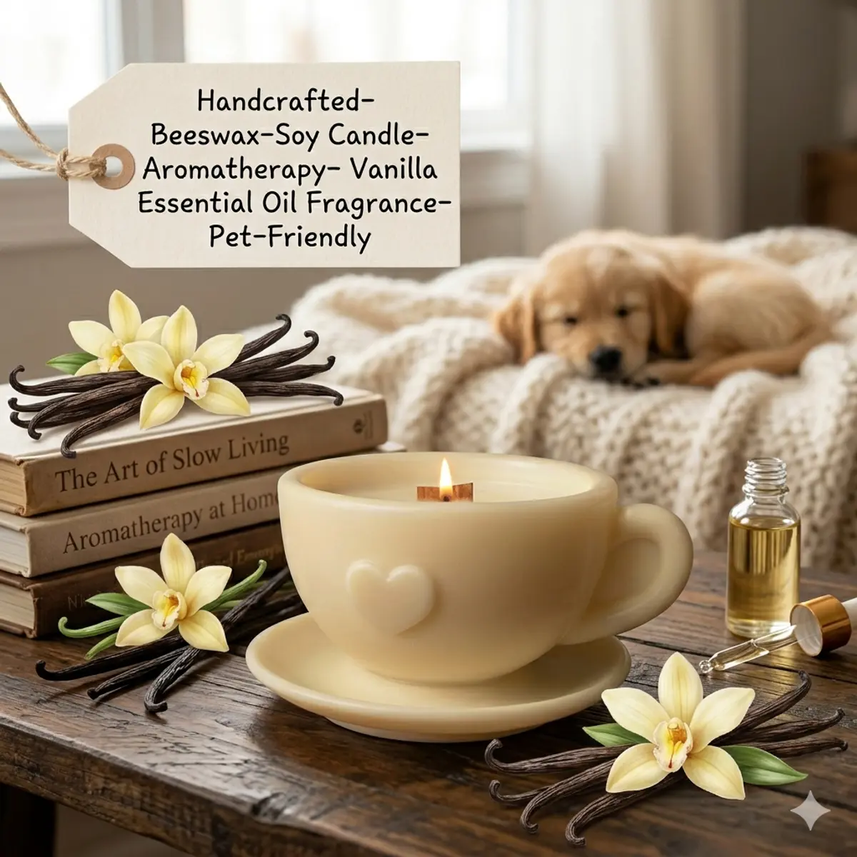 A handcrafted beeswax-soy teacup candle in a soft creamy ivory finish, shaped as a heart-embossed teacup and saucer, resting on a rustic wooden table surrounded by vanilla orchid blooms, dried vanilla pods, and a small essential oil bottle. A golden retriever puppy rests peacefully in the warm background, affirming the candle's pet-friendly design. Color: Cream Ivory