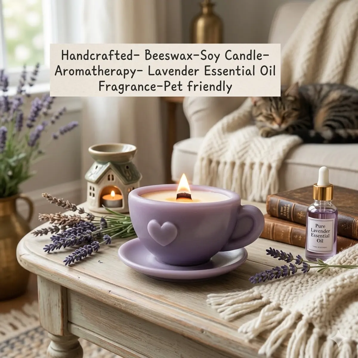 A handcrafted beeswax-soy lavender candle poured into a soft lilac ceramic teacup with a heart emblem, glowing warmly on a rustic wooden side table surrounded by fresh lavender stems and a bottle of pure lavender essential oil, with a sleeping cat visible in the background. Color: Lilac Purple