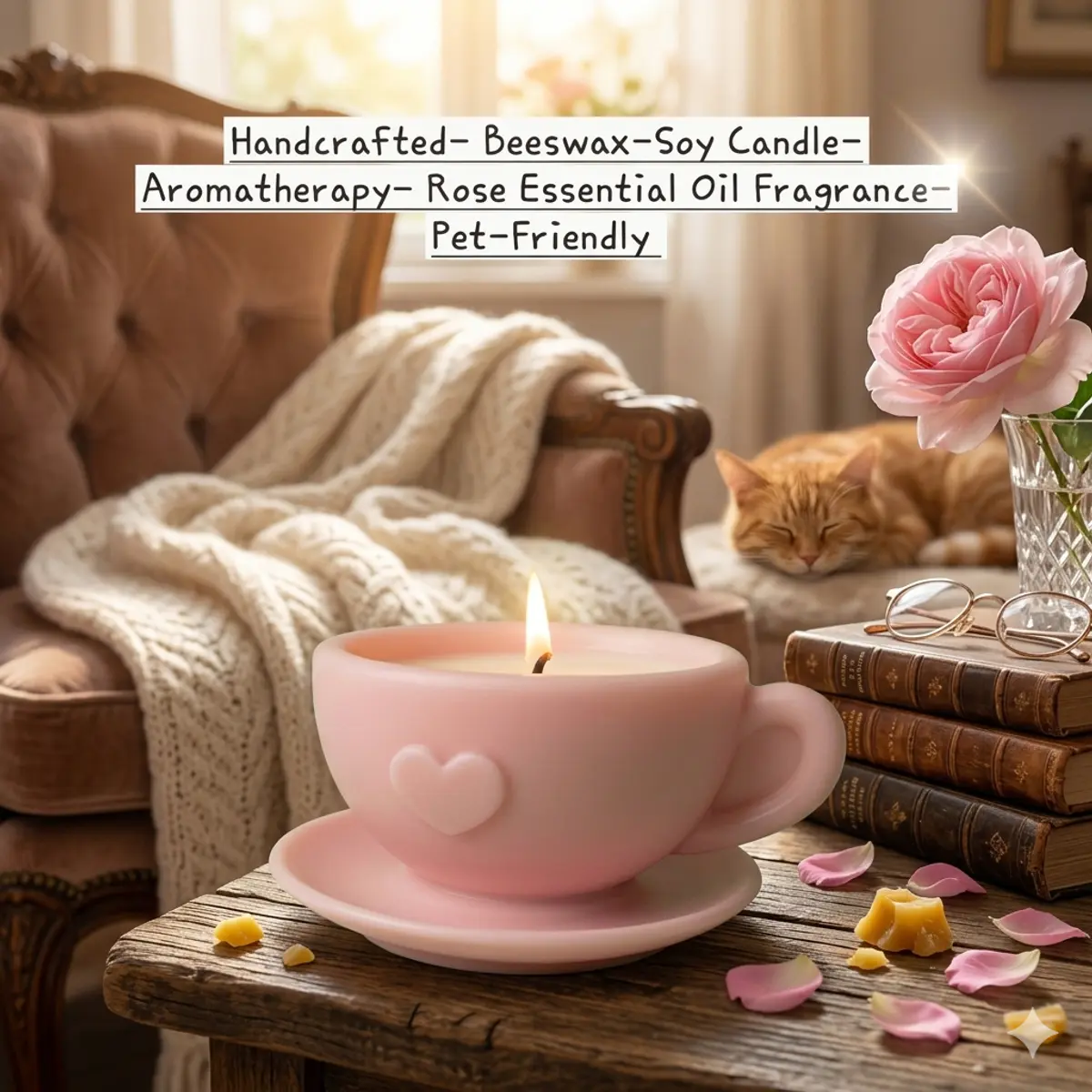 A soft blush pink handcrafted beeswax-soy teacup candle with a heart embossment, lit and glowing warmly on a rustic wooden table surrounded by rose petals, a sleeping ginger cat, and stacked vintage books in a cosy living room setting. The artisan-poured candle sits in its matching pink saucer, evoking warmth and serenity. Color: Blush Pink