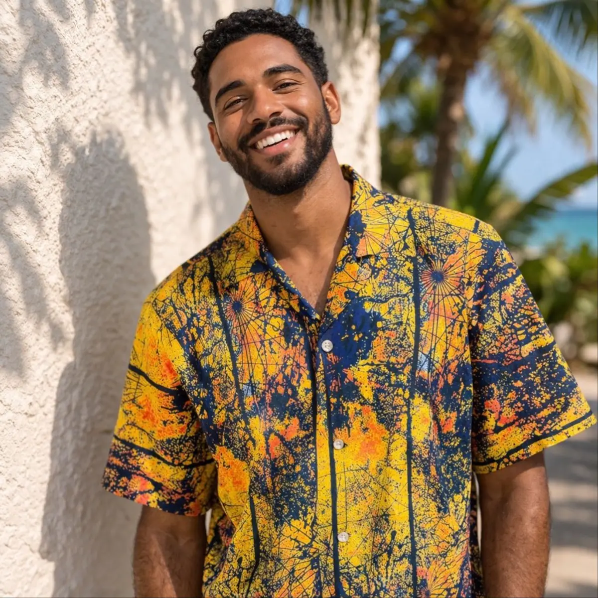 Close-up portrait of a smiling man wearing a handcrafted African batik short-sleeve button-down shirt with a vivid sunburst pattern in deep navy blue, golden yellow, and burnt orange. The artisan-made batik print features radiating web-like designs characteristic of traditional African resist-dyeing handicraft. Color: Navy Blue, Golden Yellow, Burnt Orange