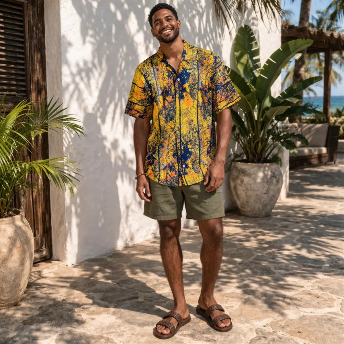 Full-length front view of a man styled in a handcrafted African batik print short-sleeve shirt paired with olive green shorts and woven leather sandals, photographed at a tropical resort setting. The one-of-a-kind artisan-made shirt displays a bold explosion of golden yellow, deep navy, and orange batik patterns across the entire fabric. Color: Navy Blue, Golden Yellow, Burnt Orange