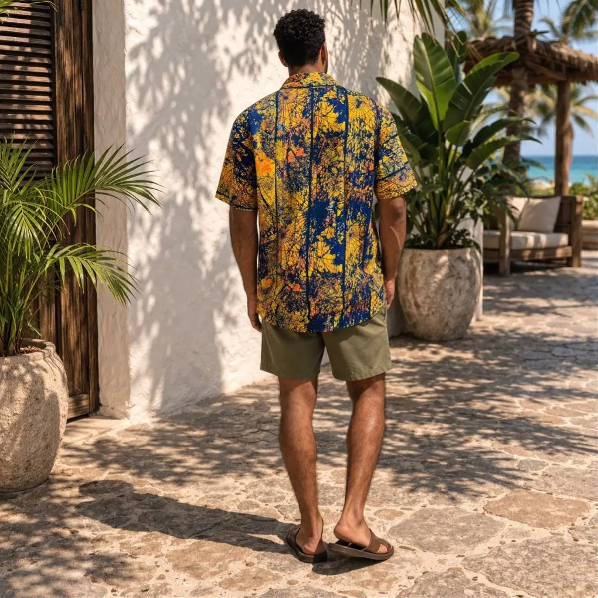 Rear view of a man wearing a handcrafted African batik button-down shirt, showcasing the full back panel of the artisan-made print in striking golden yellow, navy blue, and orange tones with intricate hand-applied batik resist patterns. The relaxed fit and short sleeves are clearly visible against a tropical outdoor backdrop. Color: Navy Blue, Golden Yellow, Burnt Orange