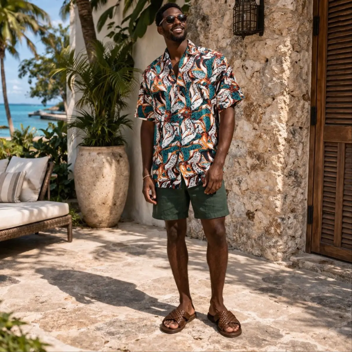 A smiling man stands on a sun-drenched stone terrace by the ocean, wearing an open African artisan short-sleeve camp shirt featuring a vivid abstract print in teal, burnt orange, white, and black, paired with olive green shorts and woven leather sandals. The handcrafted tropical pattern radiates energy and cultural pride against the coastal backdrop. Color: Teal, Burnt Orange, White, and Black