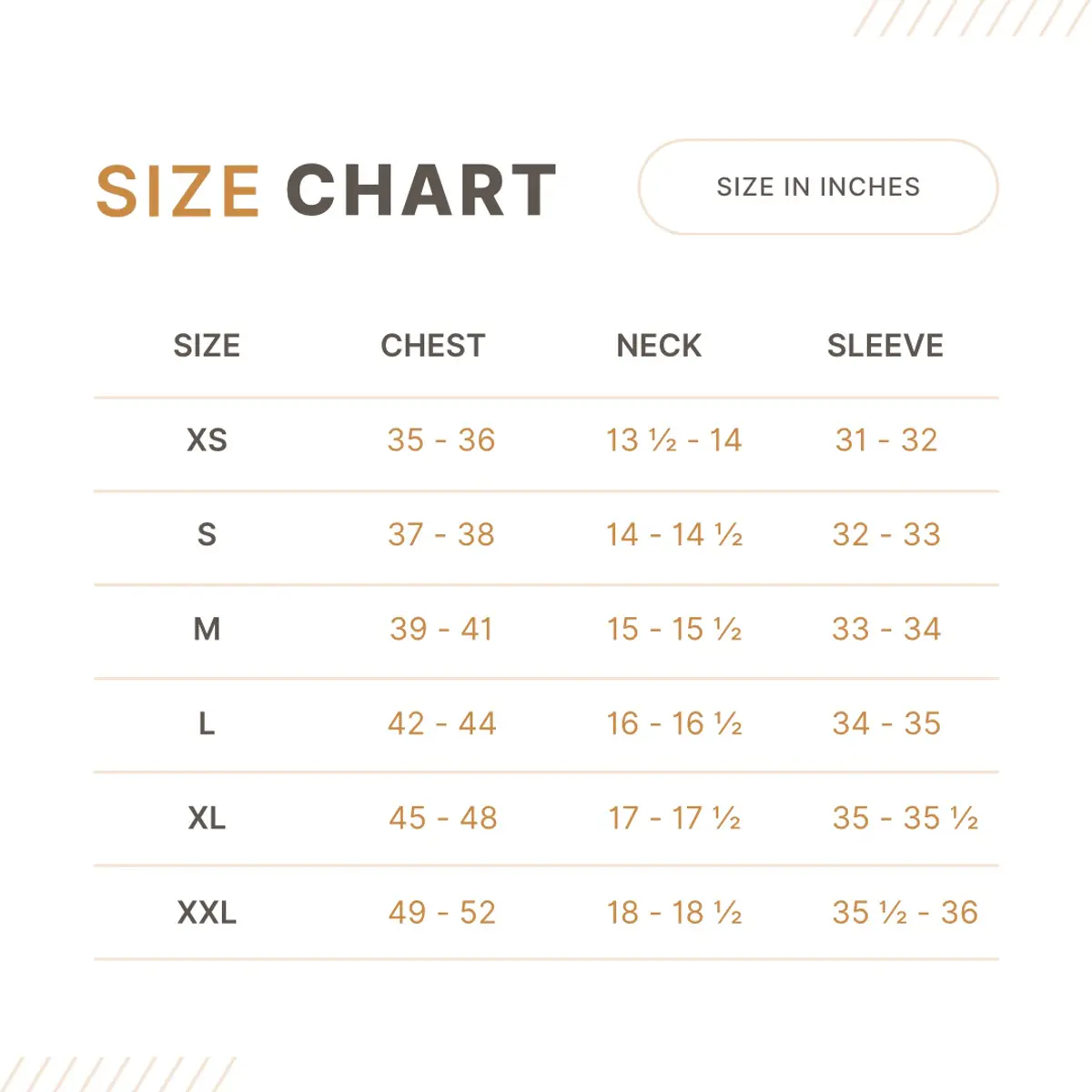 Size chart for the African Artisan Short-Sleeve Camp Shirt, displaying measurements in inches across six sizes from XS to XXL, covering chest, neck, and sleeve dimensions to help buyers find their perfect fit. This handcrafted men's button-up is made to order by skilled artisans, and accurate sizing ensures the tropical print fabric drapes and fits as intended. Measurements range from a 35–36 inch chest at XS up to a 49–52 inch chest at XXL, supporting inclusive sizing for this customizable artisan piece. Color: Multicolor (tropical print)