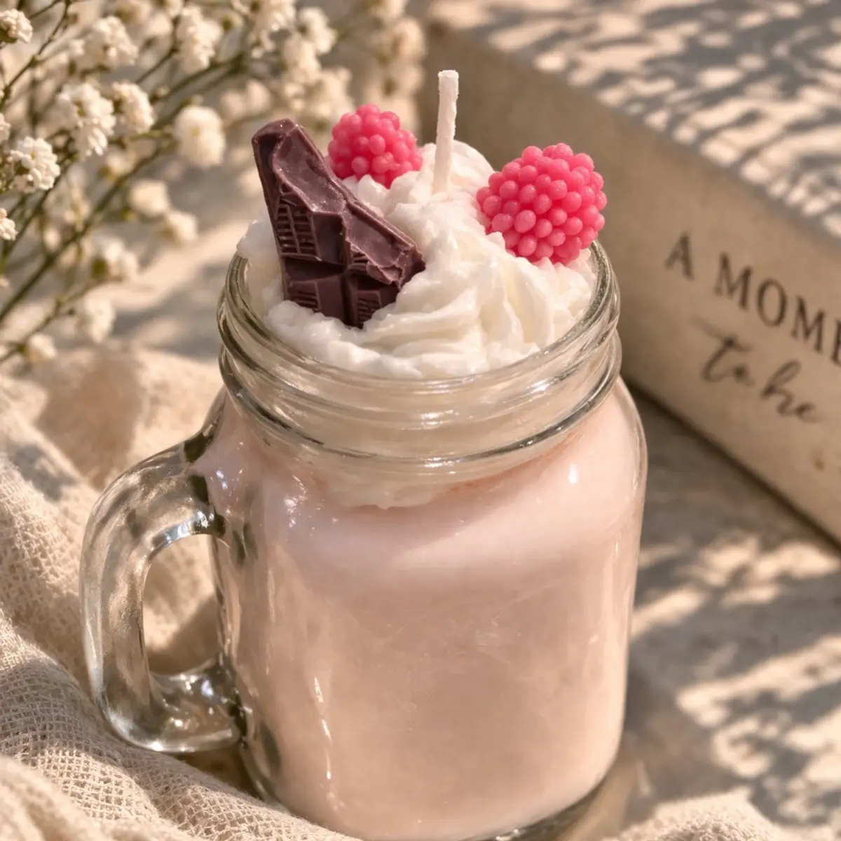 A handcrafted artisan candle styled to resemble a raspberry milkshake, set in a clear glass mason jar mug with a handle. The blush pink wax base is topped with intricately sculpted white whipped cream wax, two pink raspberry wax embellishments, a dark chocolate shard accent, and a white candle wick. Photographed beside dried baby's breath flowers and a soft linen cloth, showcasing the detailed dessert-inspired craftsmanship. Color: Blush Pink, White, Deep Burgundy, Hot Pink