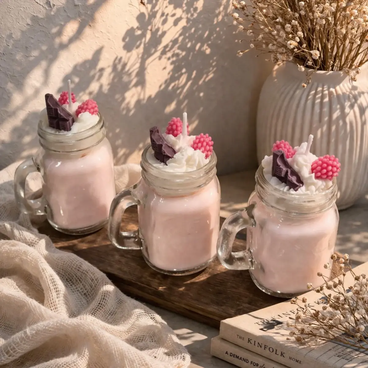 Three handcrafted raspberry milkshake candles displayed in clear glass mason jar mugs with handles, each filled with soft pink wax to resemble a creamy milkshake. The artisan tops feature hand-sculpted white wax whipped cream swirls, a dark chocolate piece, and a pink raspberry wax embellishment, with a small white wick at the center. Styled on a rustic wooden board alongside dried flowers and linen fabric, these decorative candles showcase detailed handmade craftsmanship with a whimsical dessert-inspired aesthetic. Color: Blush Pink, White, Dark Chocolate Brown, Hot Pink